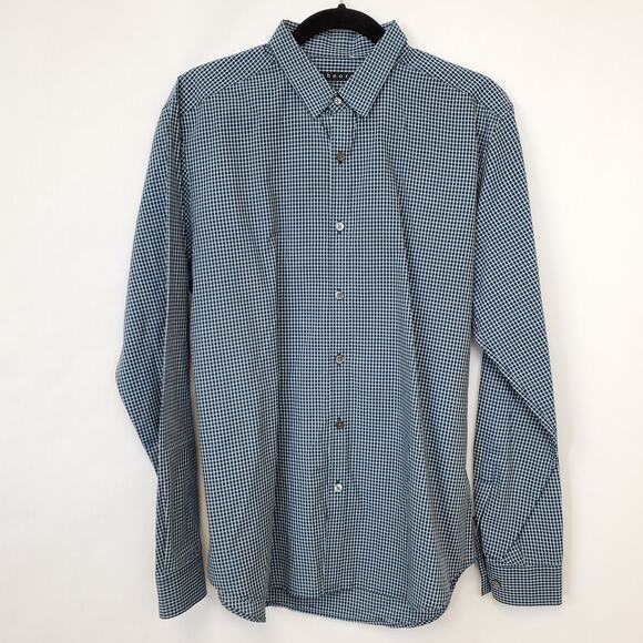 Theory Shirt Mens Large Zack PS Button Front Long Sleeve Checked Plaid Navy Blue - Picture 1 of 9